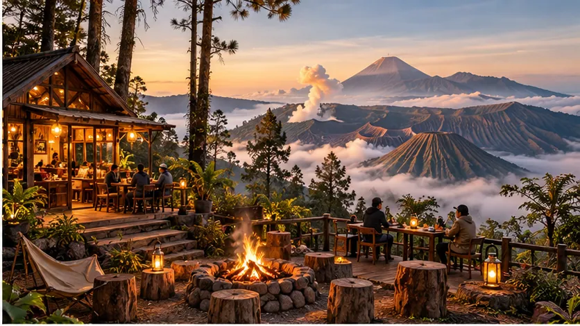 Ilustrasi kafe di lereng gunung dengan api unggun dan lautan kabut