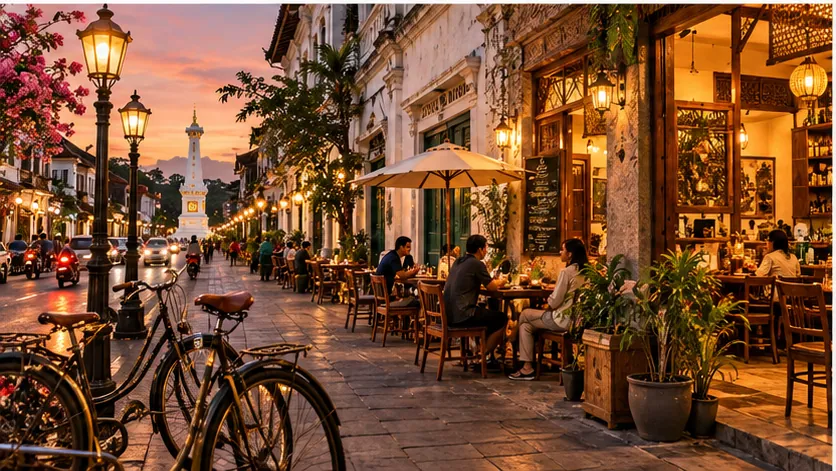 Ilustrasi jalan kota tua dengan kafe dan sepeda