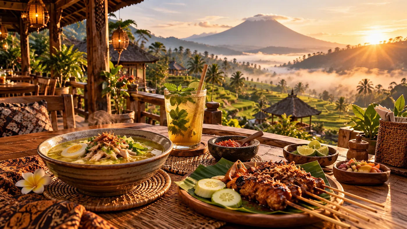Ilustrasi meja warung dengan soto dan sate berlatar gunung saat matahari terbit